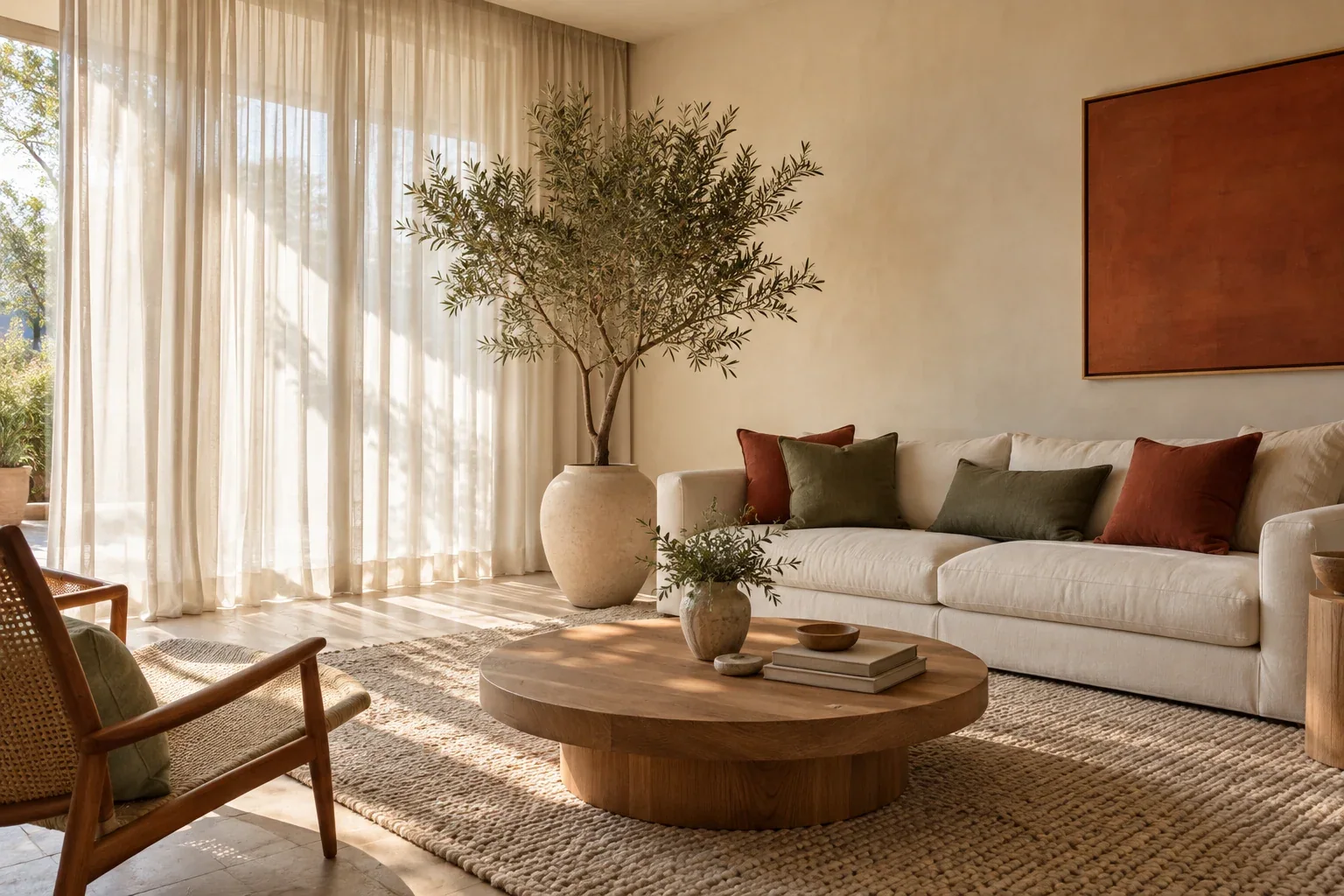 Sala acolhedora com cortinas leves, sofá claro, mesa de madeira e detalhes cereja e sálvia